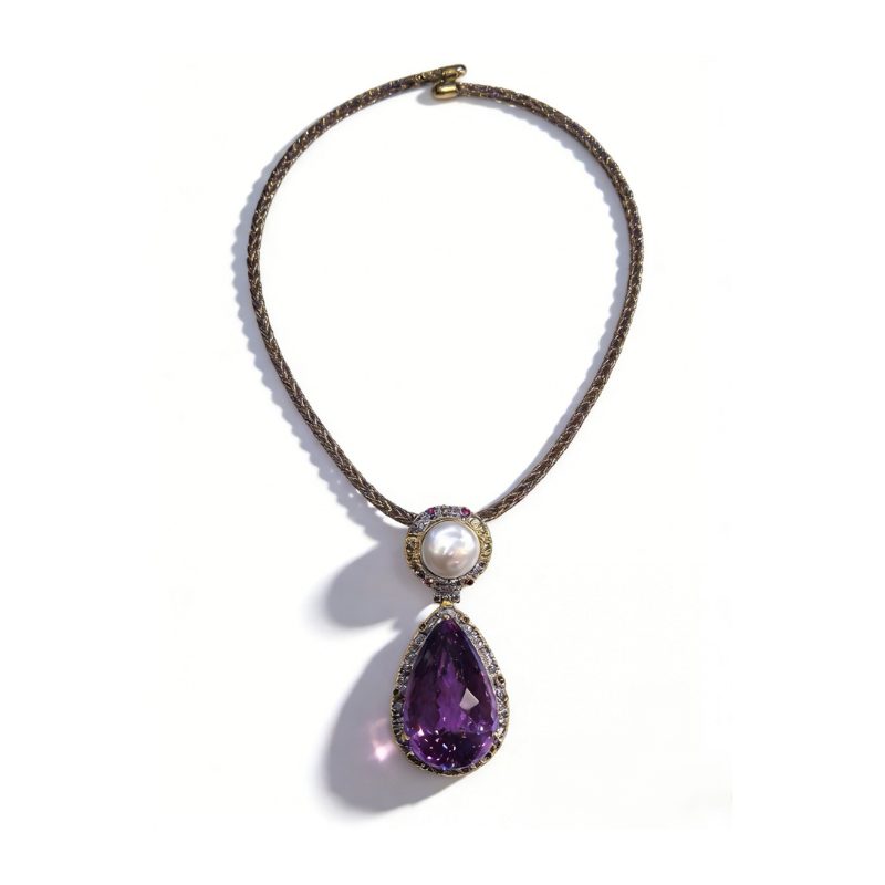 Luxury statement necklace featuring a 100 carat teardrop amethyst, freshwater non-nucleated pearl, and 925 sterling silver chain with diamond and ruby accents