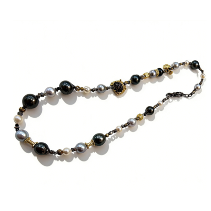 Luxury necklace featuring lustrous seawater pearls, Tahitian black pearls, and silver gold-plated decorative accents, elegant statement jewelry