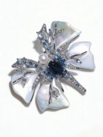 Silver CZ butterfly brooch with mother-of-pearl wings on white background Close-up of cubic zirconia pavé and blue accents Detail of mother-of-pearl wing iridescence Brooch pinned on blazer lapel, styling reference