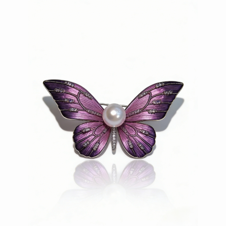 Elegant freshwater pearl butterfly brooch with gradient purple enamel wings, crystal accents, and gold-toned metal frame, luxury jewelry accessory