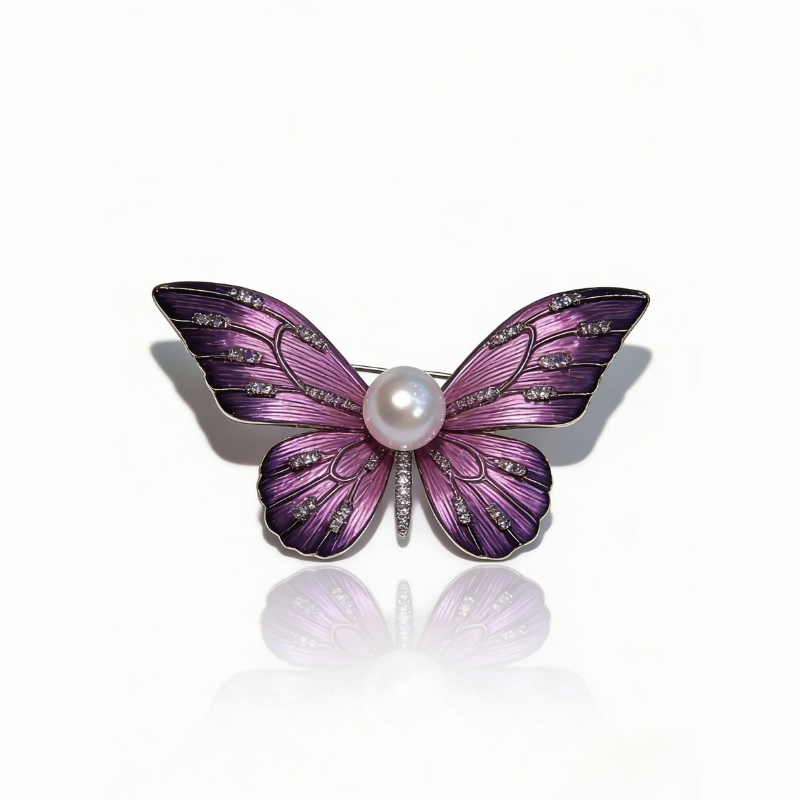 Elegant freshwater pearl butterfly brooch with gradient purple enamel wings, crystal accents, and gold-toned metal frame, luxury jewelry accessory