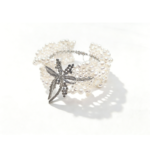 Laurel Bow freshwater pearl cuff bracelet with 925 sterling silver plated CZ bow centerpiece, multi-strand pearl statement bracelet