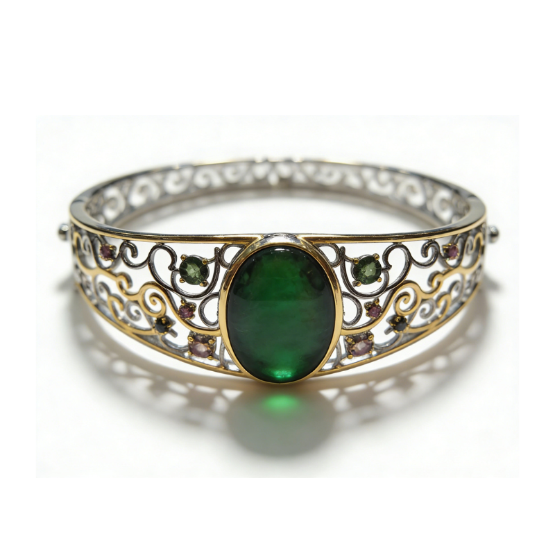 Ammolite guifei oval bangle bracelet on wrist, filigree 925 sterling silver plated setting with green ammolite cabochon