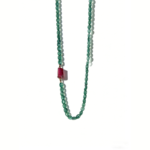 Natural emerald beaded necklace with watermelon tourmaline accent and 18K gold clasp, minimalist gemstone strand