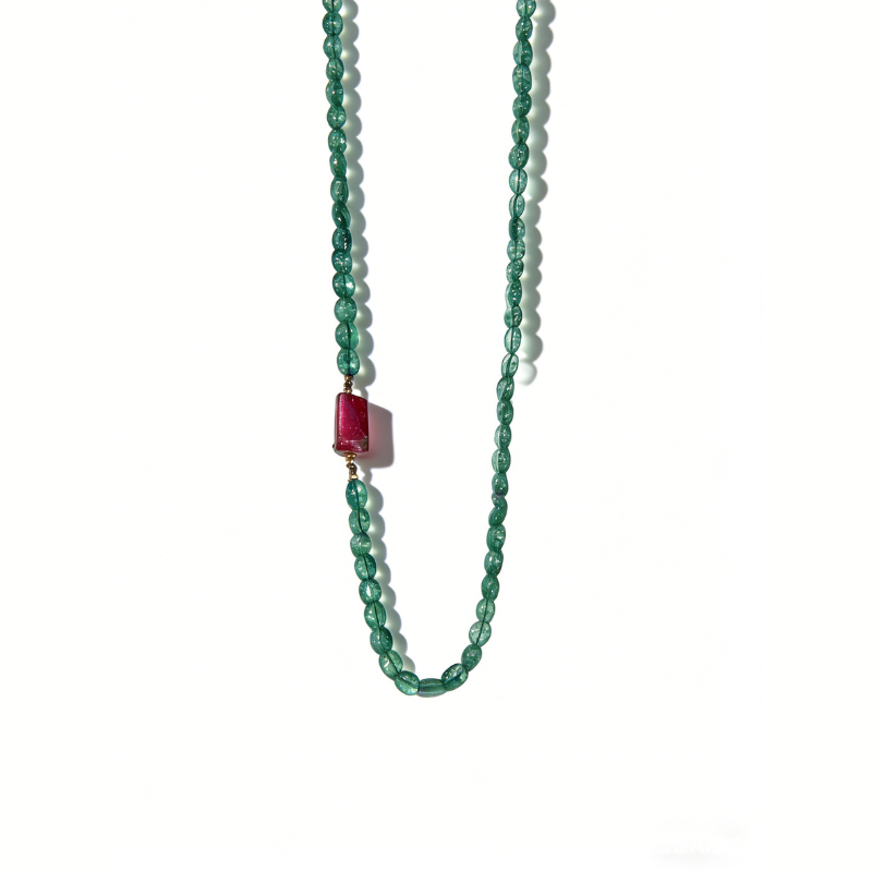 Emerald & Watermelon Tourmaline Necklace — 18K Gold Clasp Natural emerald beaded necklace with watermelon tourmaline accent and 18K gold clasp, minimalist gemstone strand