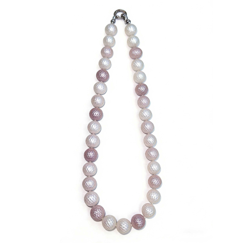 Dragon-scale carved freshwater pearl necklace with textured pearls in white and lilac tones, 925 sterling silver clasp