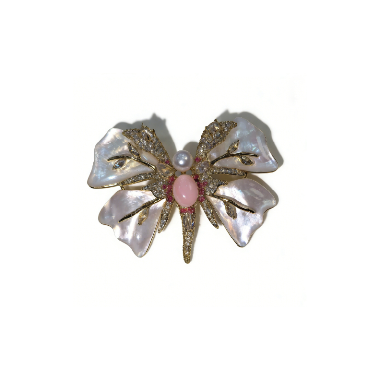 Golden mabe pearl brooch with mother-of-pearl petals, pink cabochon center and pearl accent, gold-tone statement pin