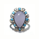Turquoise and lavender chalcedony teardrop halo ring with turquoise accents and geometric clear stones, statement gemstone ring
