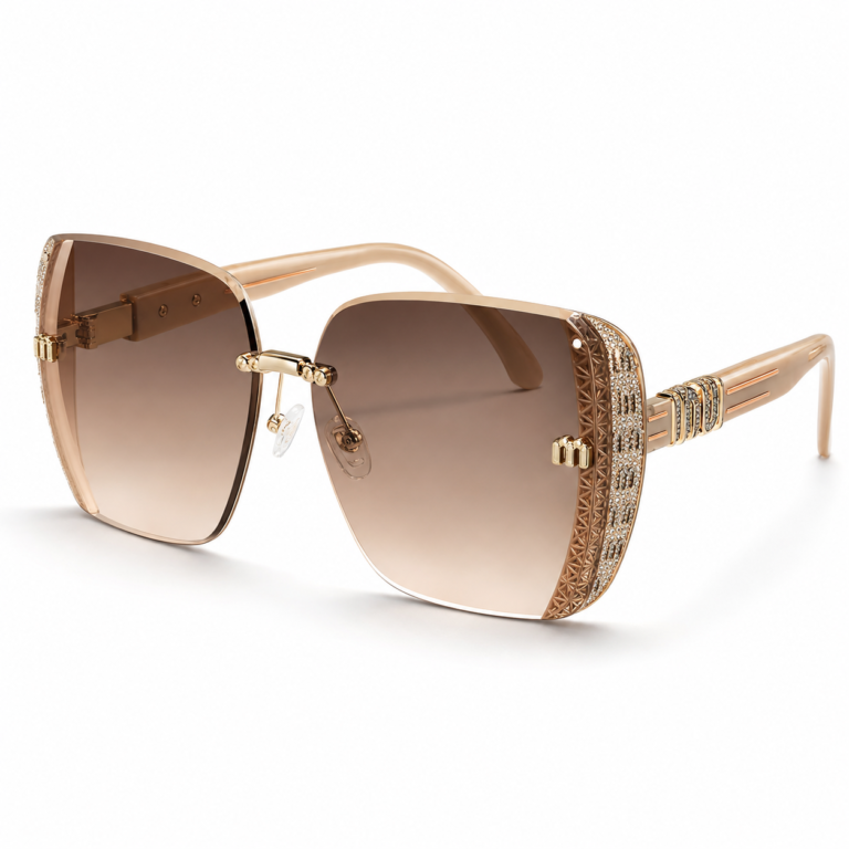Luxury square frame UV400 sunglasses with brown gradient lenses and gold-tone decorative temples