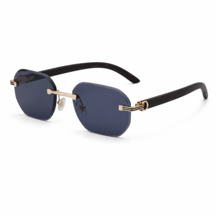 Rimless square UV400 sunglasses with dark blue PC lenses, gold-tone metal frame and black PC temples